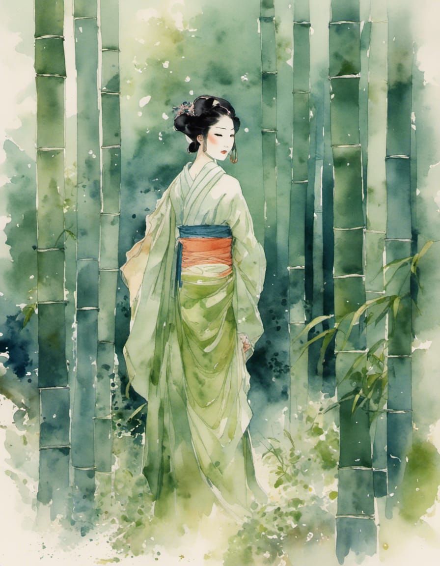 Asian Woman in Bamboo Forest Watercolor Painting