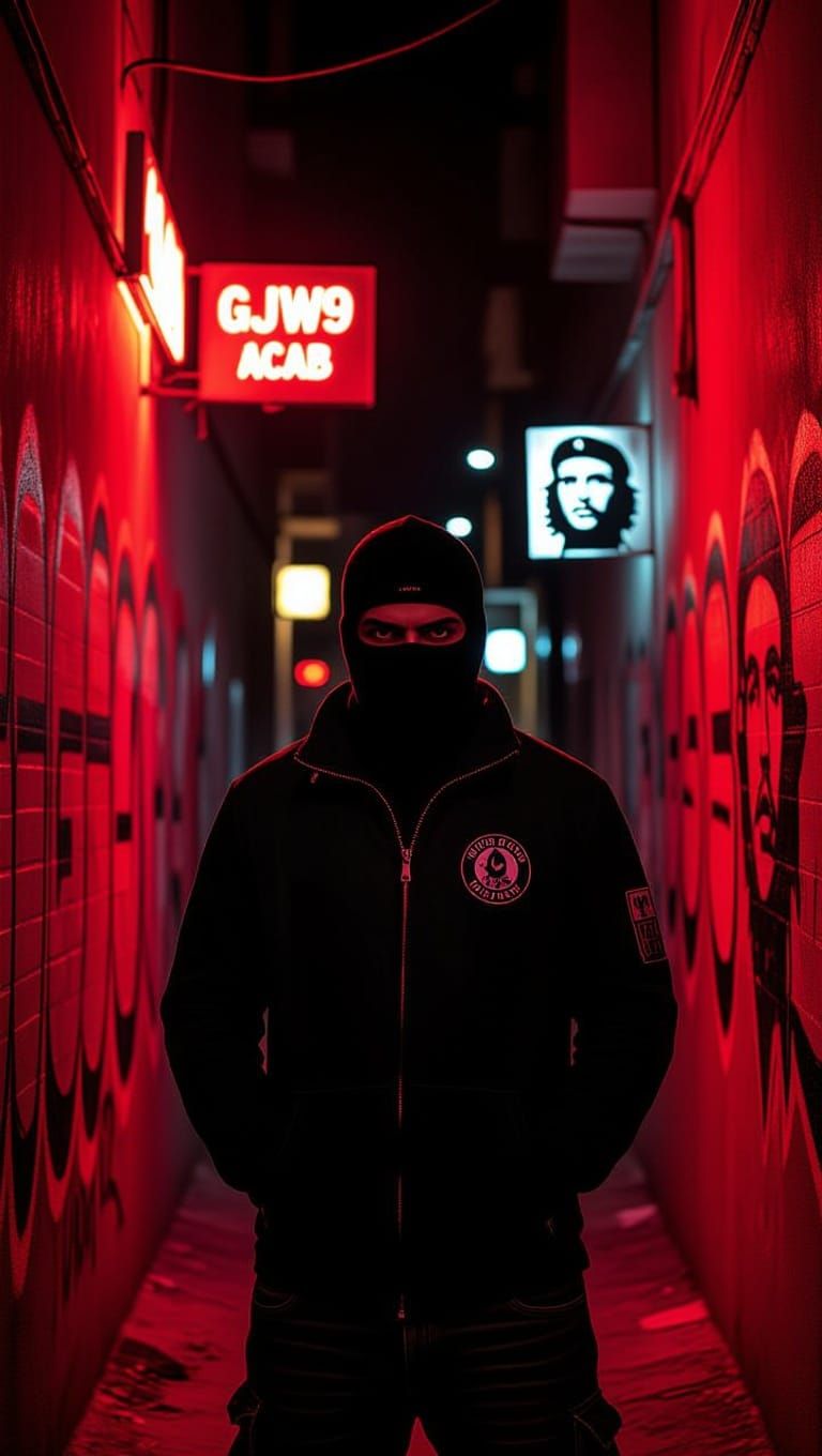 Mysterious Rebel in Neon-Lit Alleyway