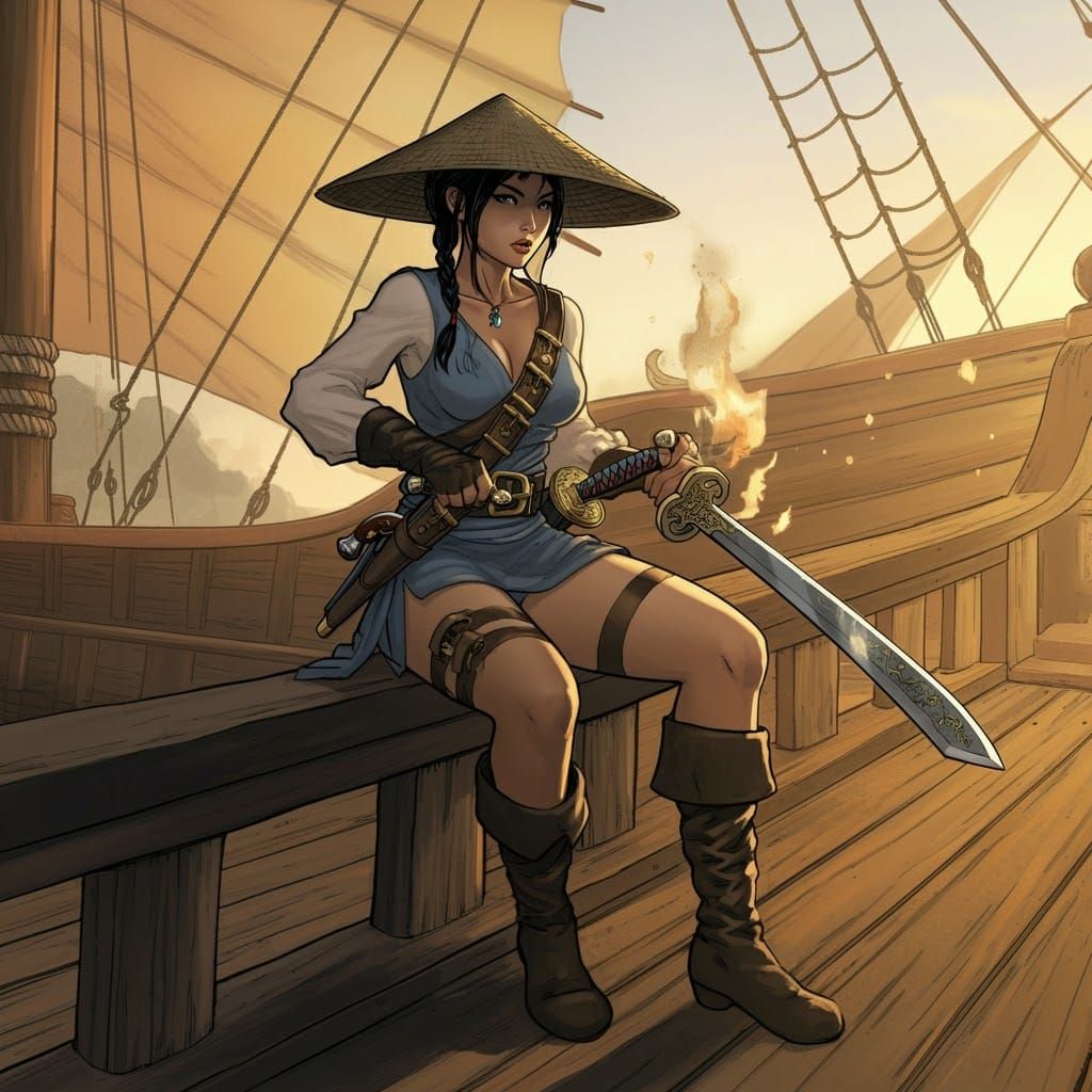 Chinese Pirate Sharpening Sword, Comic Book Art