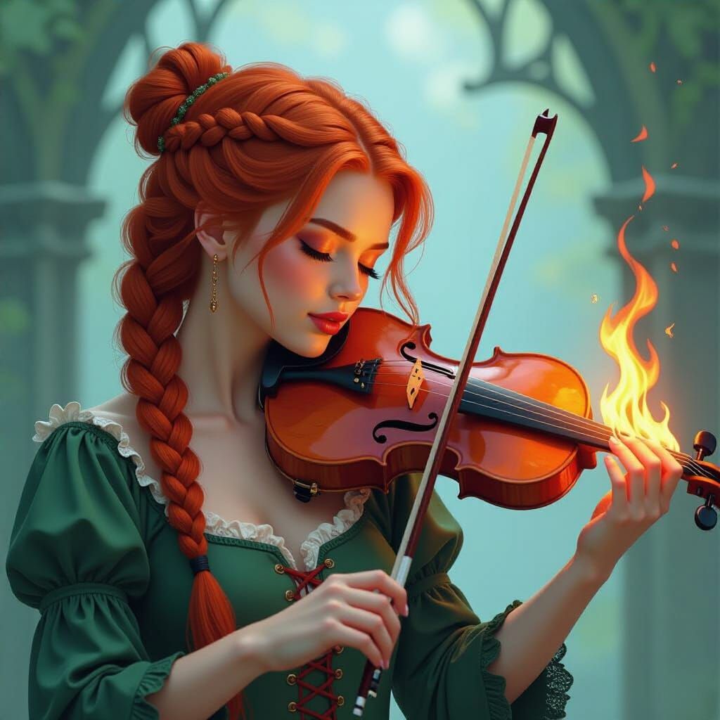 Woman Plays Flaming Violin in Gothic Style
