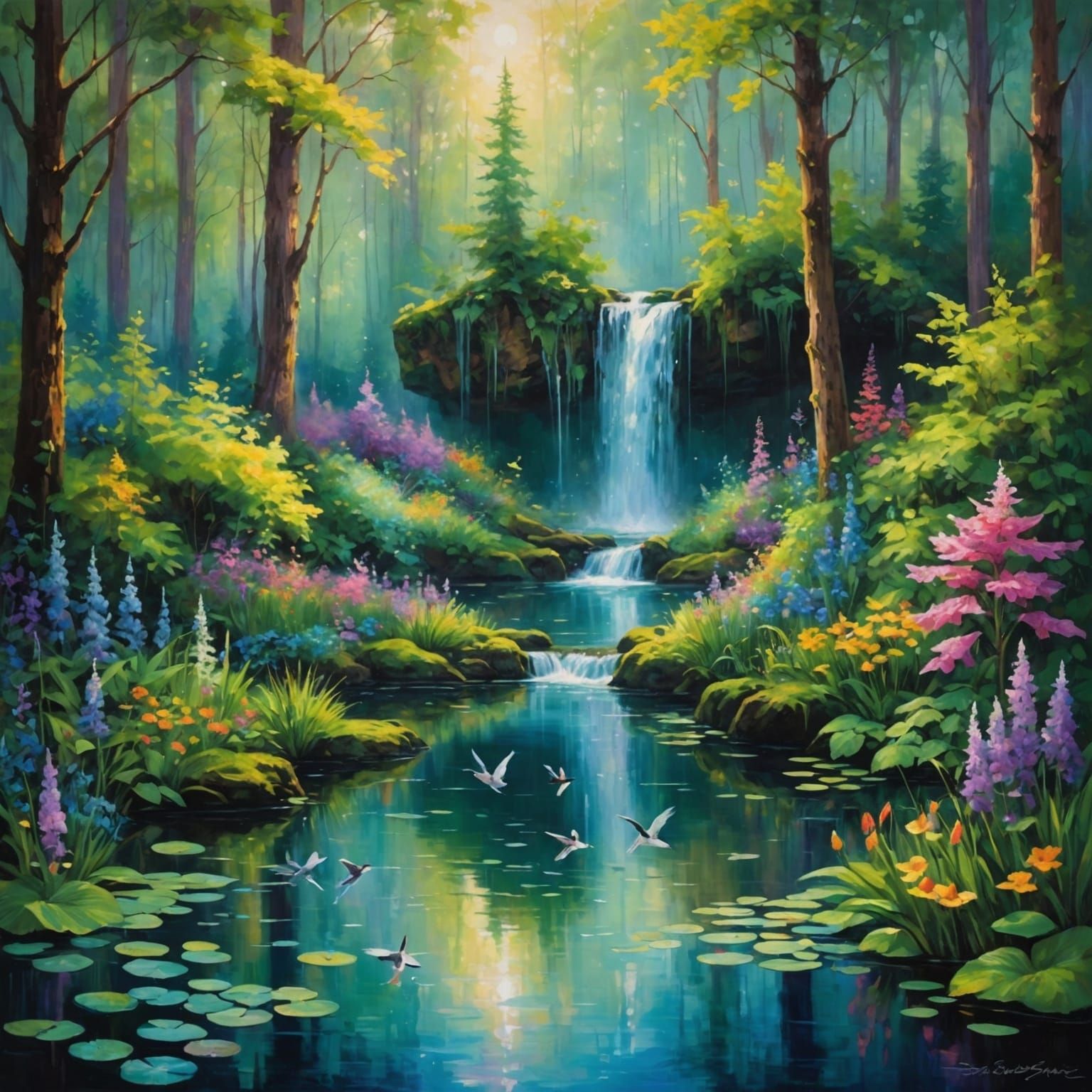 Enchanted Fairyland Forest, waterfall, pond, wildflowers, bi...