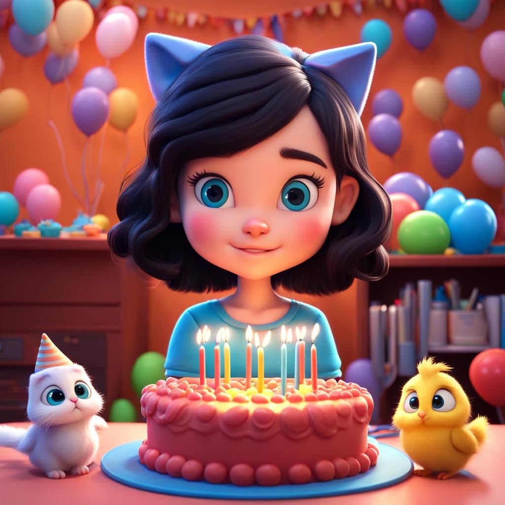 Cute Birthday Girl with Kitten: Disney Pixar Style