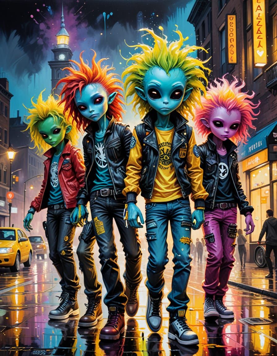 Steampunk Xenomorph Punks Dancing in Cyberpunk City