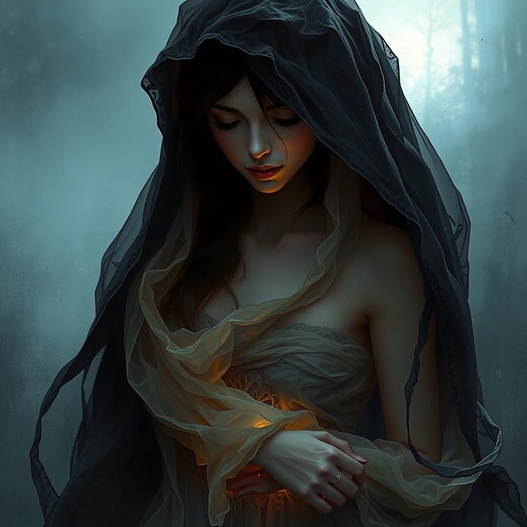 Ethereal Woman in Dark Cloak, Dreamlike Quality