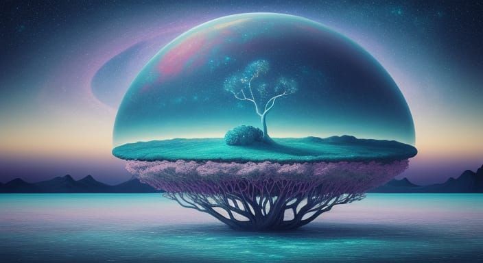 Surreal Floating Island in Cosmic Expanse