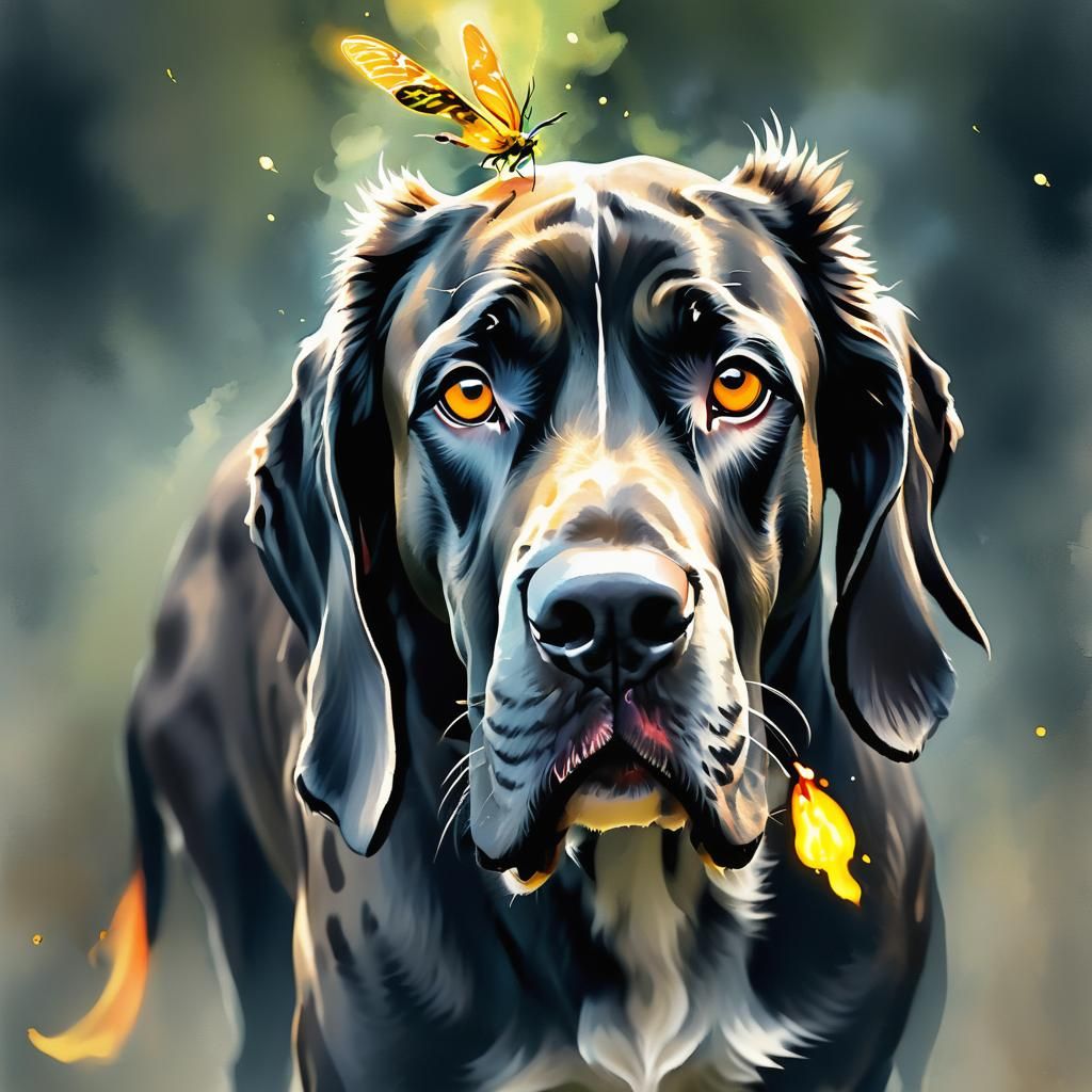 Great Dane Intrigued by Firefly: Watercolor Painting