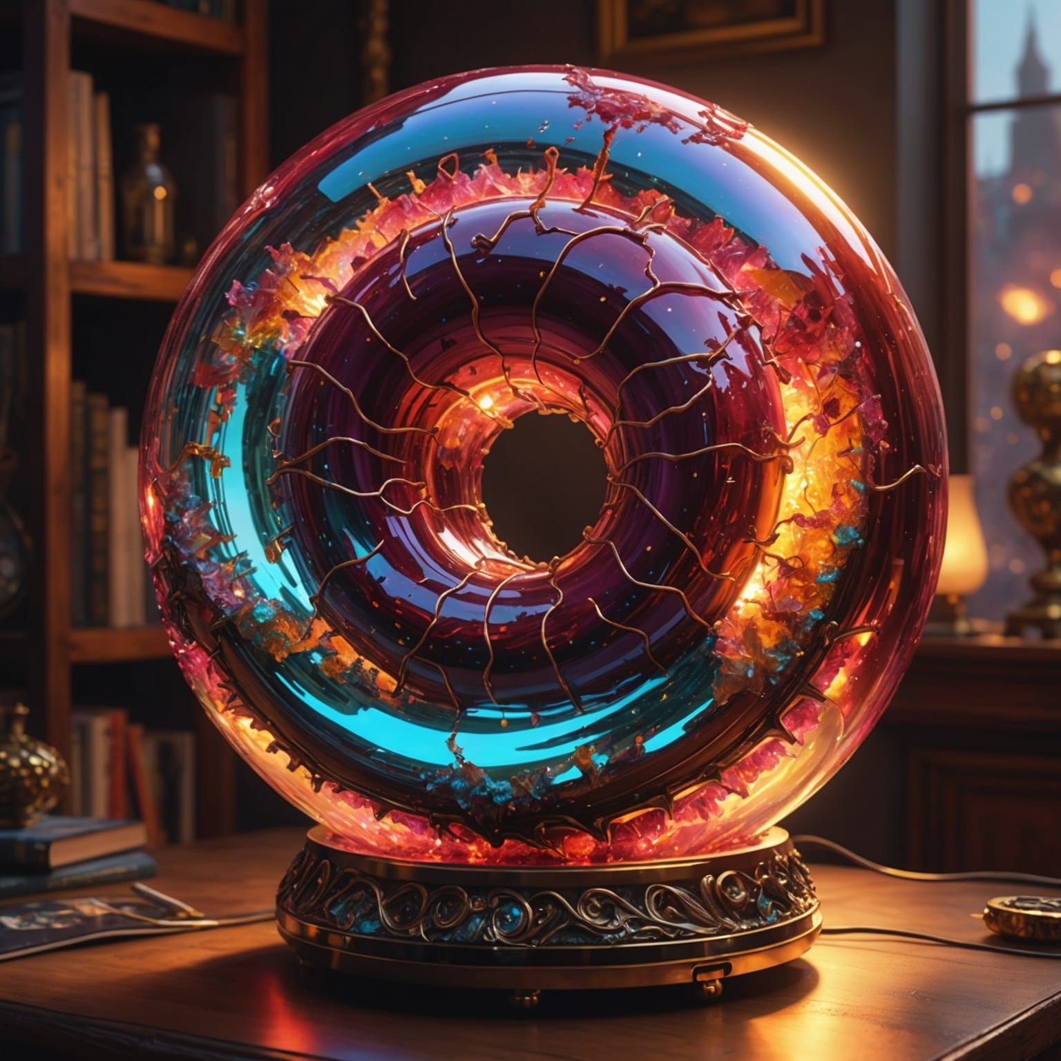 Exploding Ruby Glass Donut Lamp in Sunset Lighting
