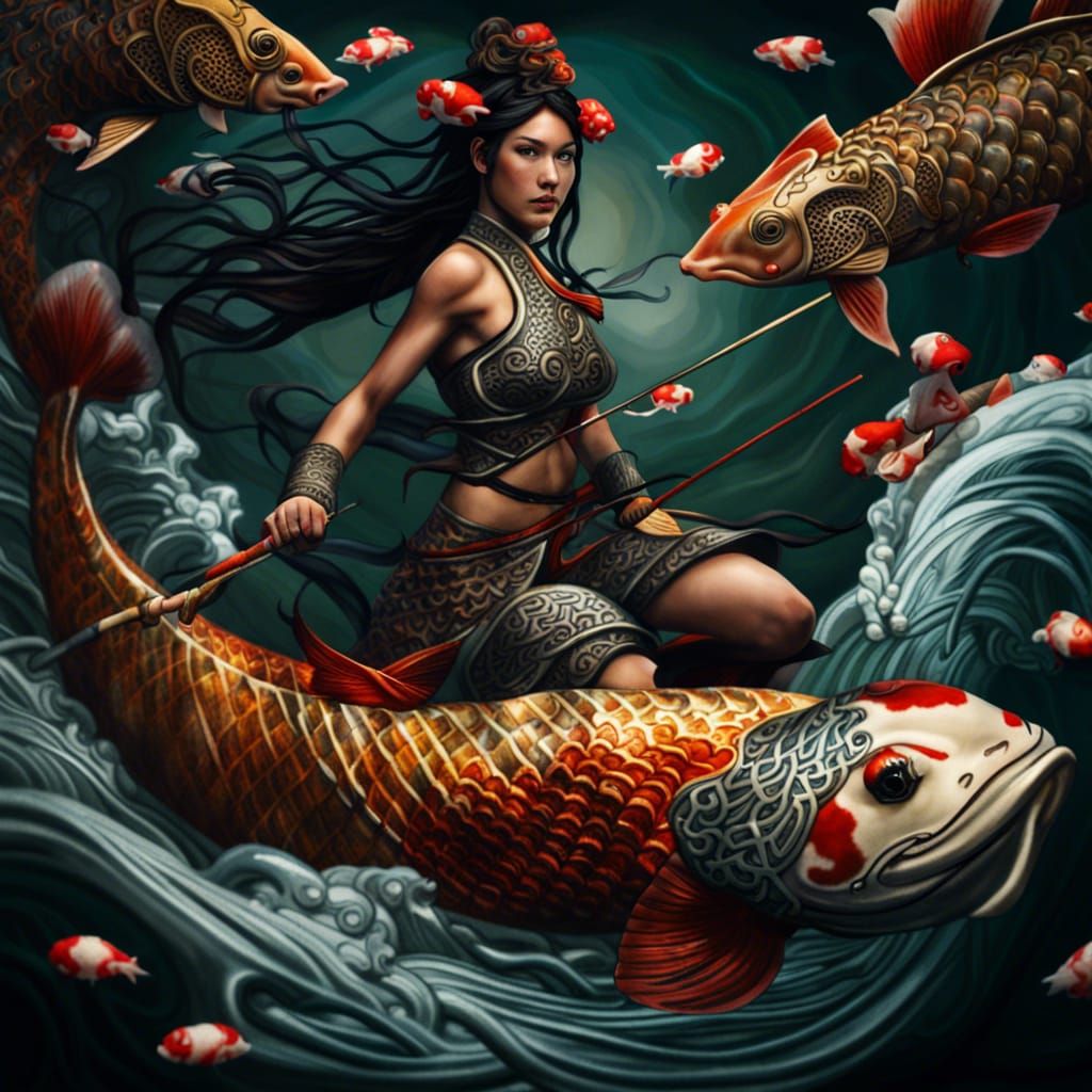 Celtic Warrior Princess on Japanese Koi Fish