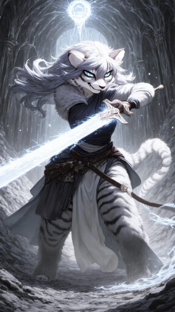 Fantasy Feline Warrior in Turbulent Flames