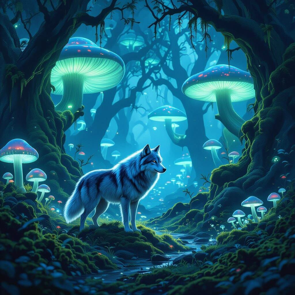Majestic Moonlight Wolf in Bioluminescent Forest