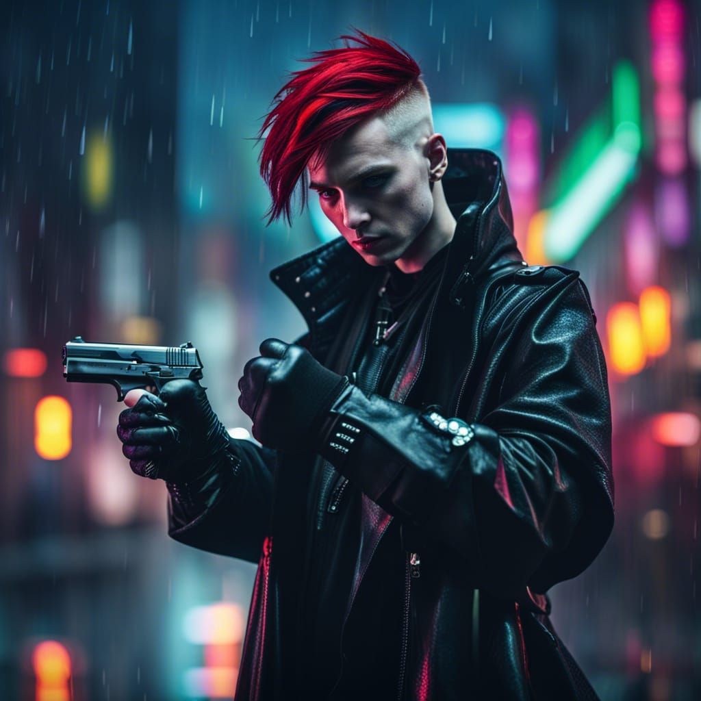 Cyberpunk Portrait: Red-Haired Goth in Neon City