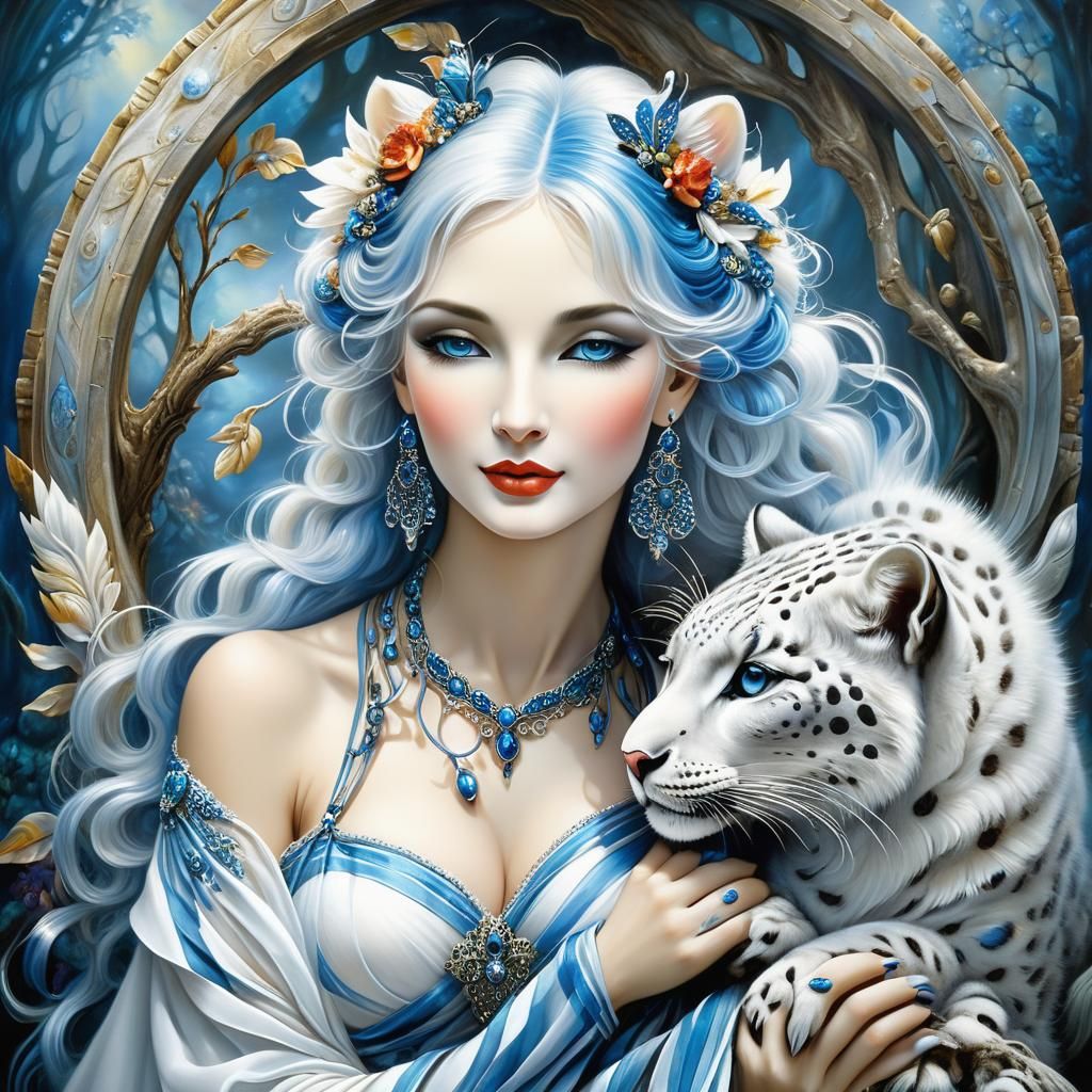 Snow Leopard Woman in Watercolor Painting