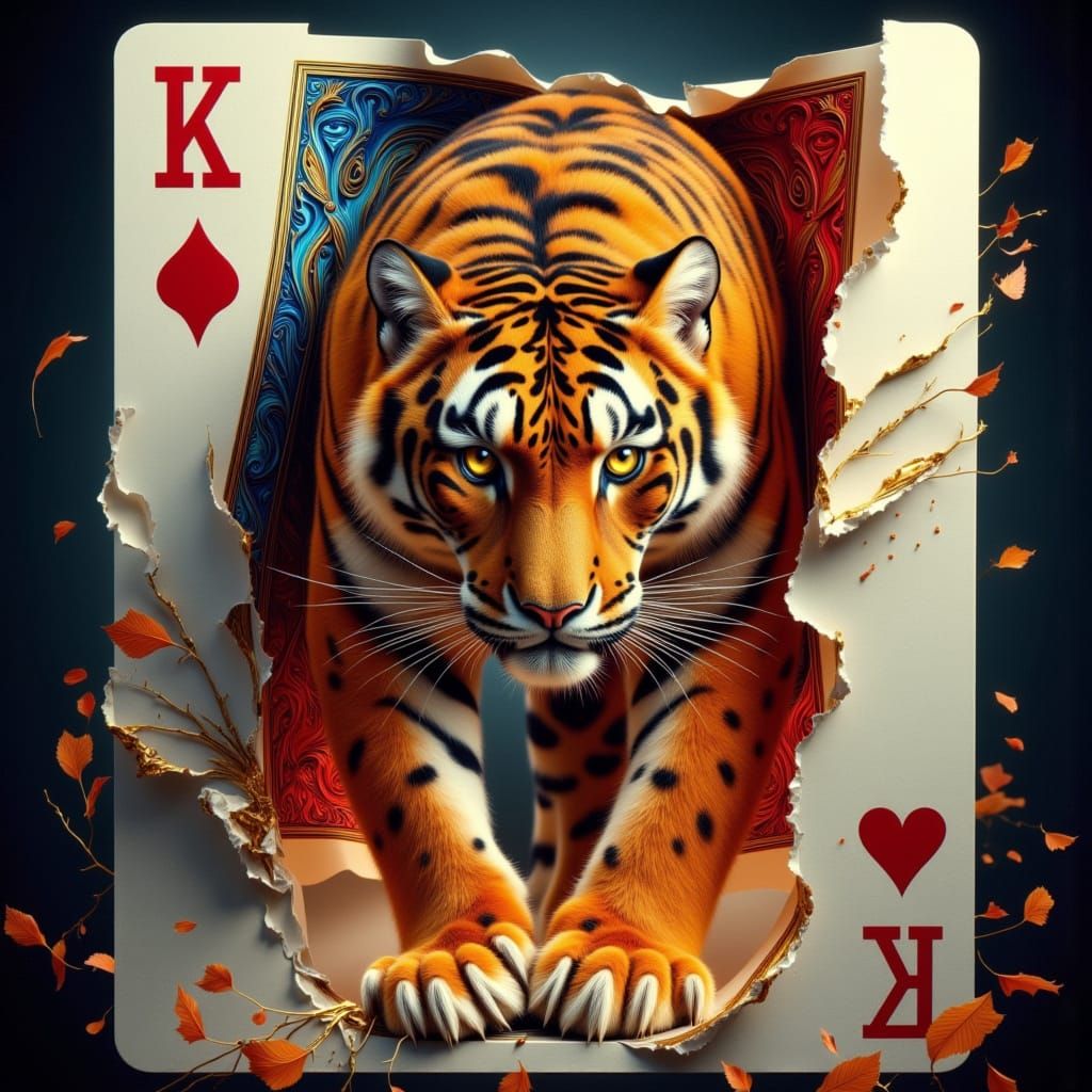 Majestic Tiger Emerges from a Tattered Playing Card in Whims...