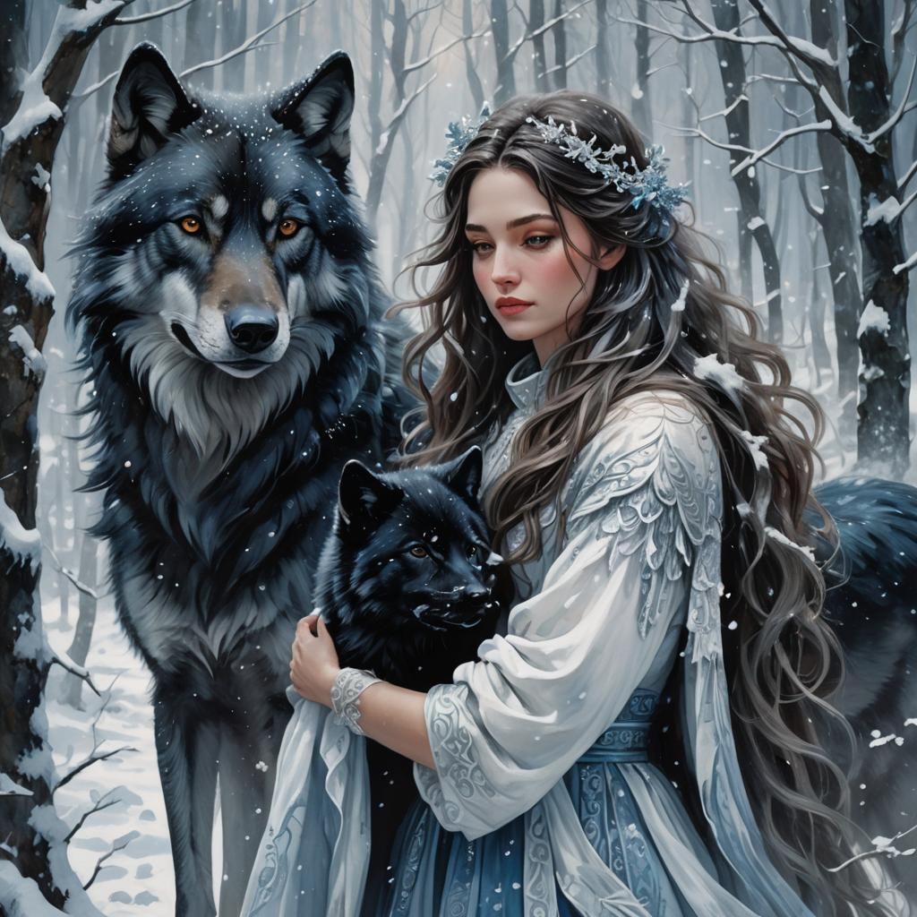 Goddess Hugs Wolf in Snowy Forest: Fantasy Art