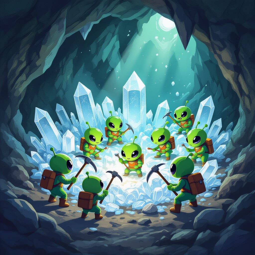 Crystal Mine Aliens Digging with Pickaxes