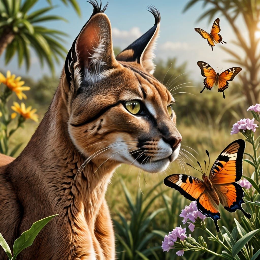 Realistic Portrait of a Caracal Investigating a Butterfly