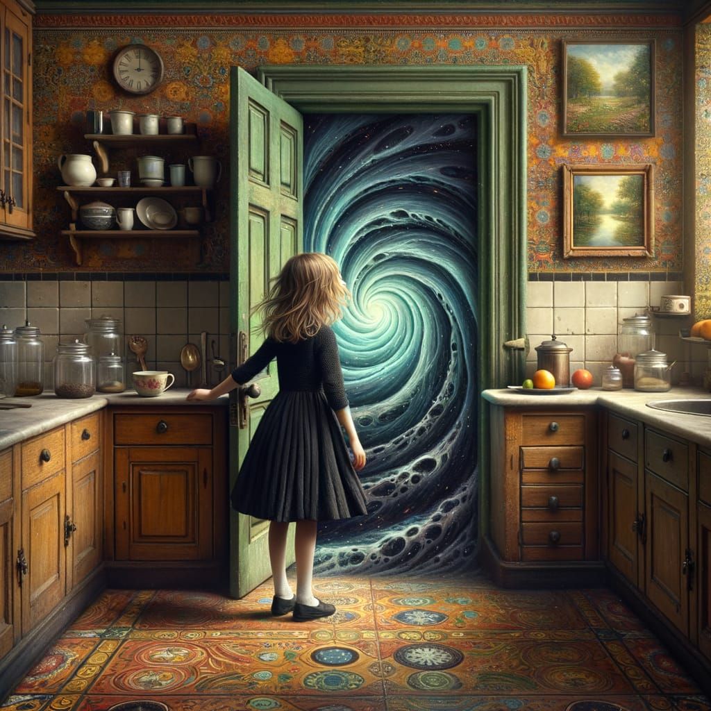 Whimsical Kitchen Scene with Enchanted Gateway