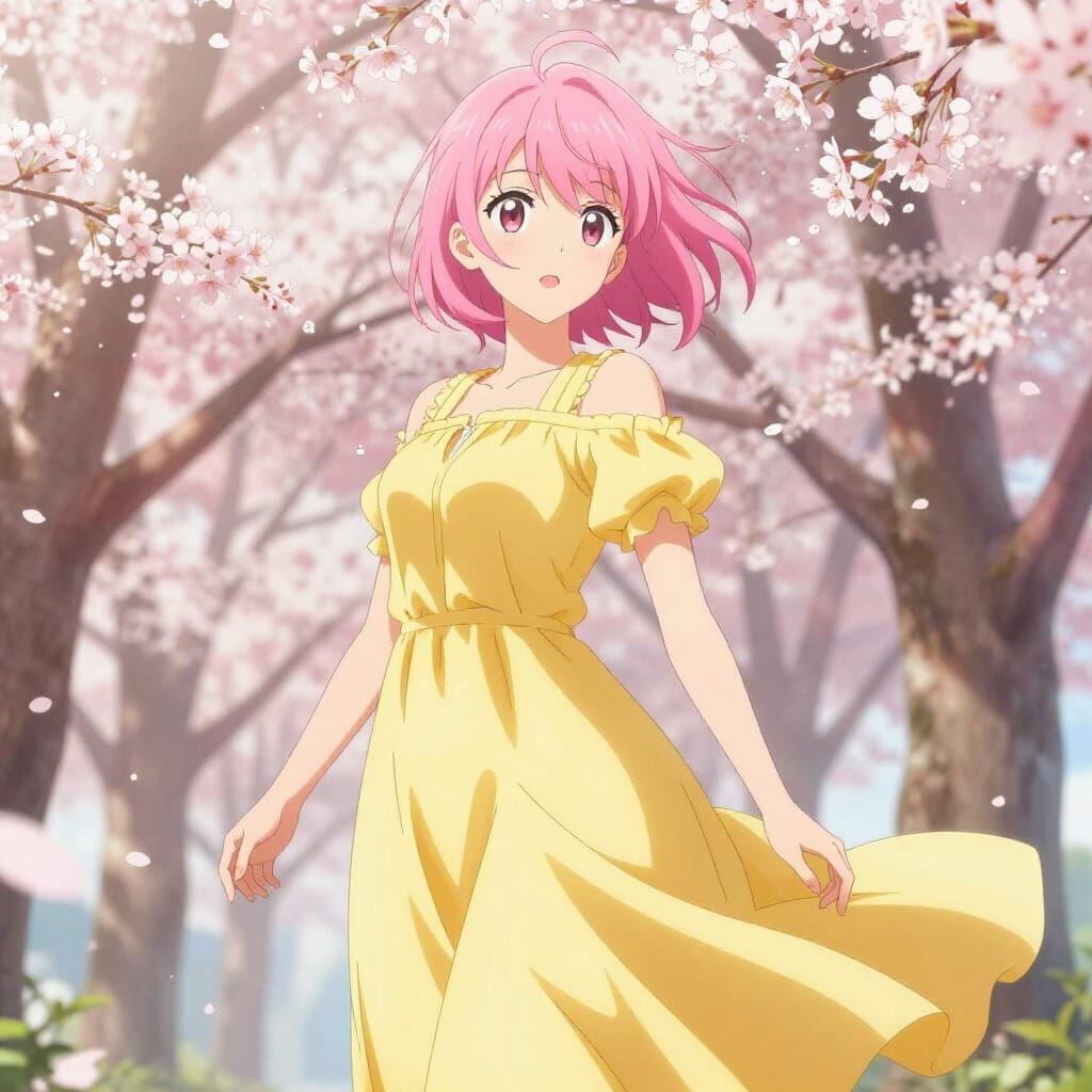 Korean Woman in Cherry Blossoms in Anime Style