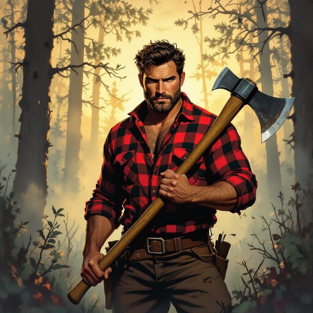 Lumberjack with Axe in Misty Forest, Vintage Pulp Style