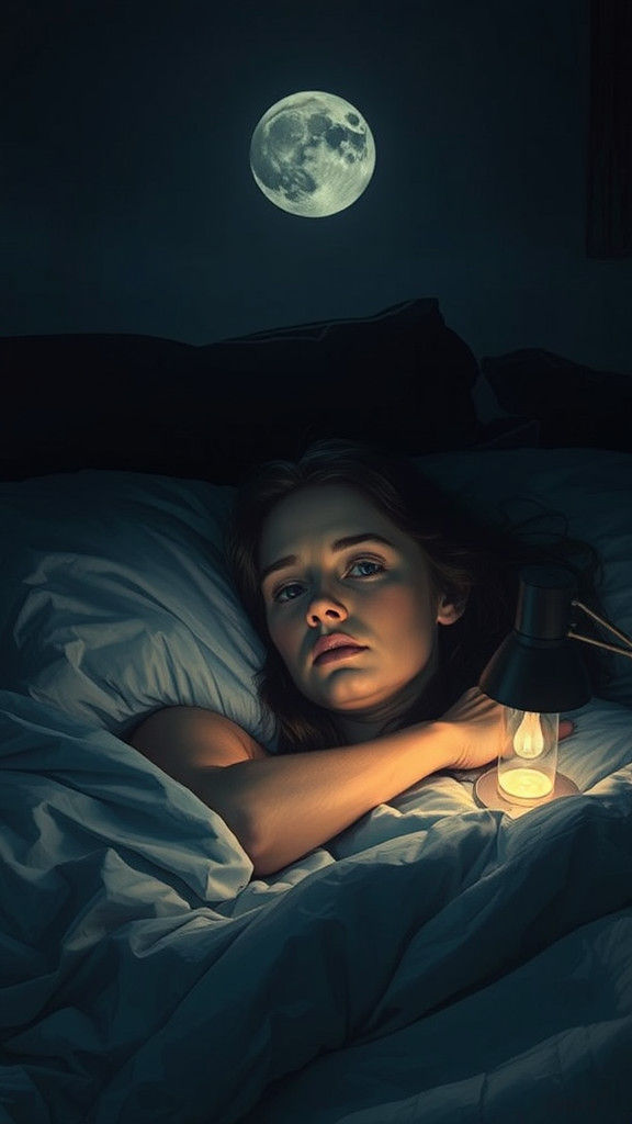 Woman Awake at Night in Dystopian Futurism Style