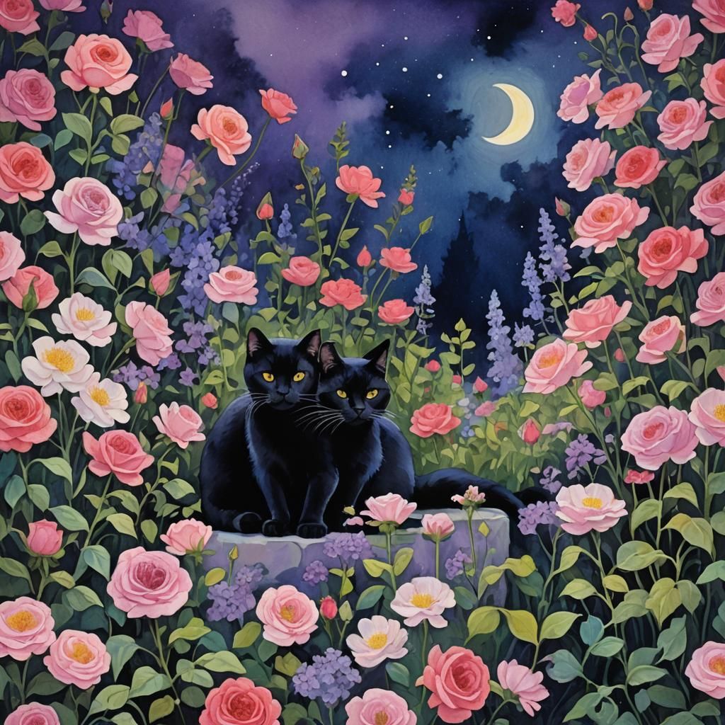 Black Cat in Moonlit Garden: Gouache Impressionism