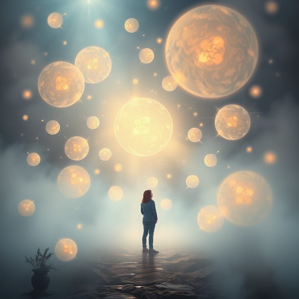 Ethereal Figure in Luminous Mist, Fantasy Landscape