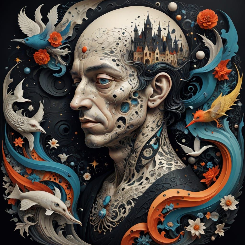 Ethereal Surrealist Figure in Vibrant, Abstract Patterns