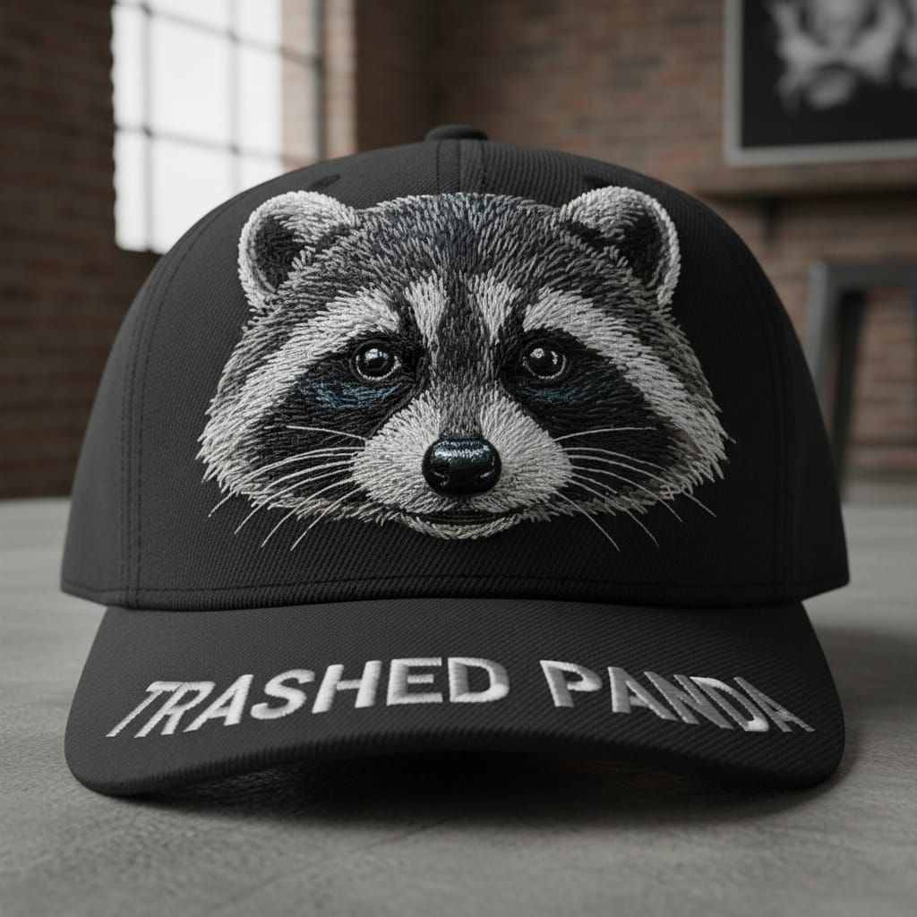 Embroidered Raccoon Baseball Cap with "TRASHED PANDA" Slogan