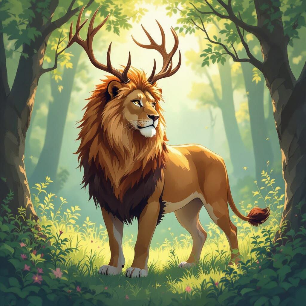 Majestic Lion-Deer Hybrid in Enchanted Forest