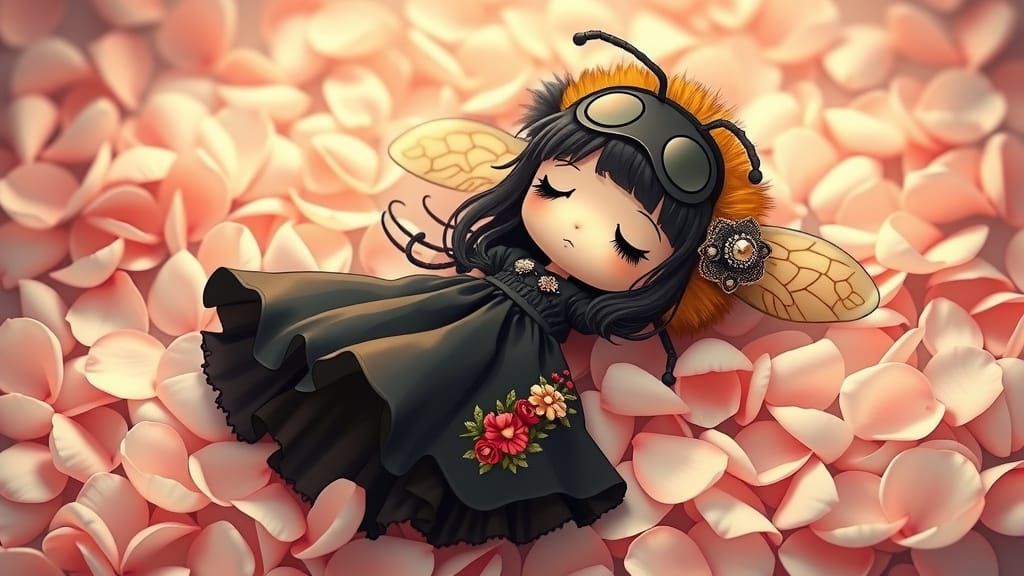 Gothic-Hippy Chibi Bumblebee in Rose Petal Bed