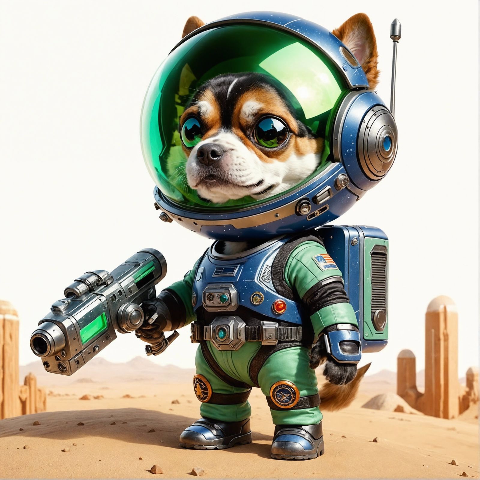 CGI Cartoon Dog Bounty Hunter in Armored Suit