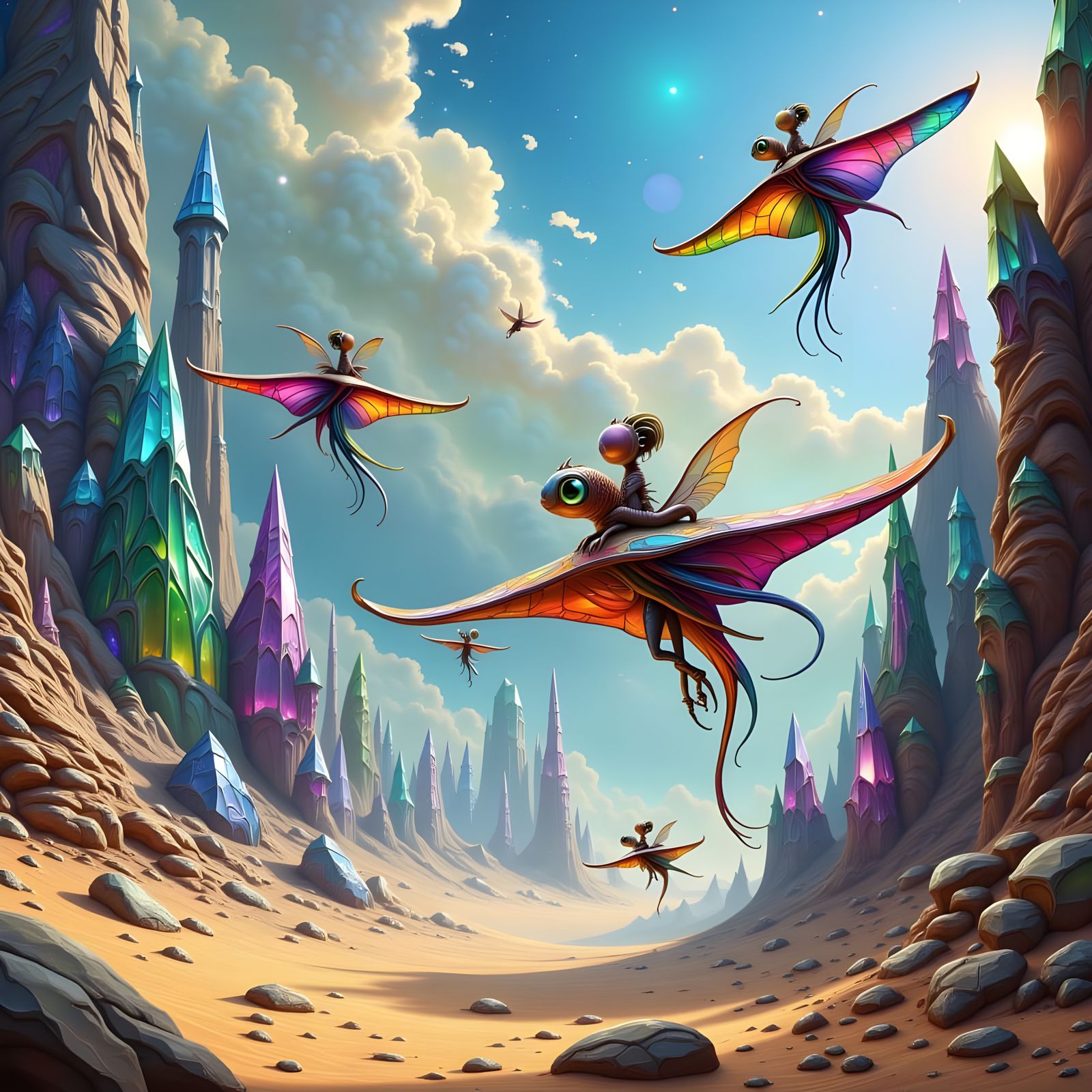 Majestic Crystal Skimmers Soar Above Crystal Desert Landscap...