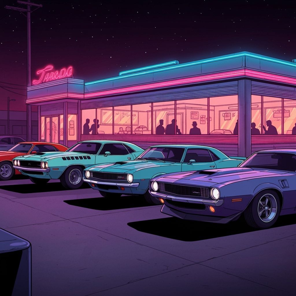 Iconic Muscle Cars at Retro Diner in Retro-Futuristic Style