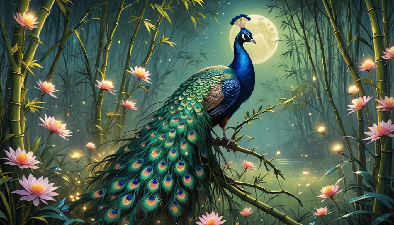 Fantasy Peacock in Moonlit Meadow Oil Painting
