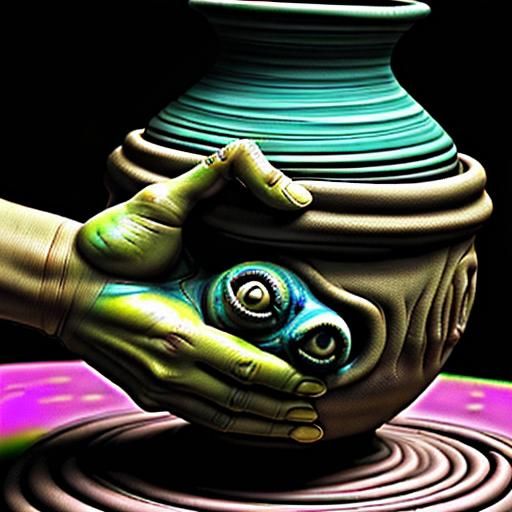 Queasy psychedelic colors and a hazy sheen; clay pot in the shape of a sad forlorn man; the scene shows hands up close a...