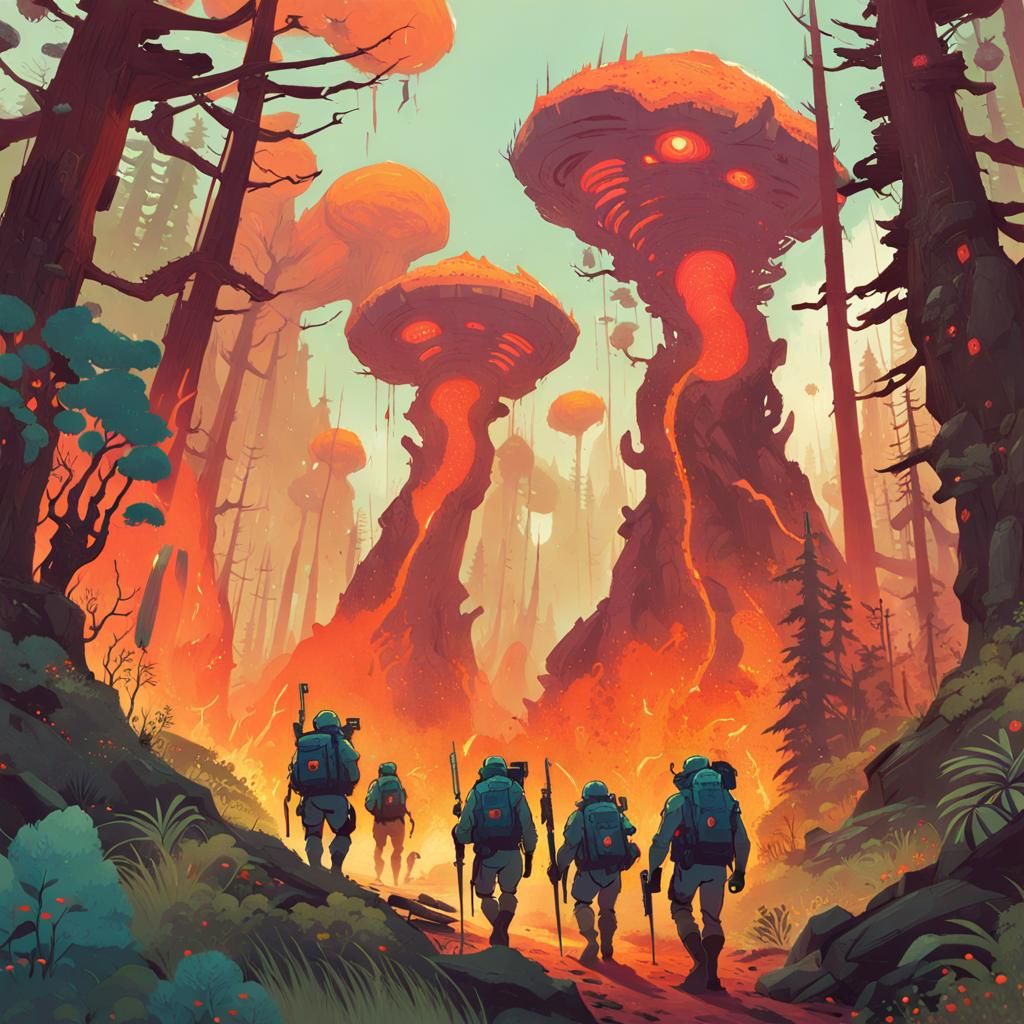 Lava Forest Soldiers Patrol: Fantasy Illustration