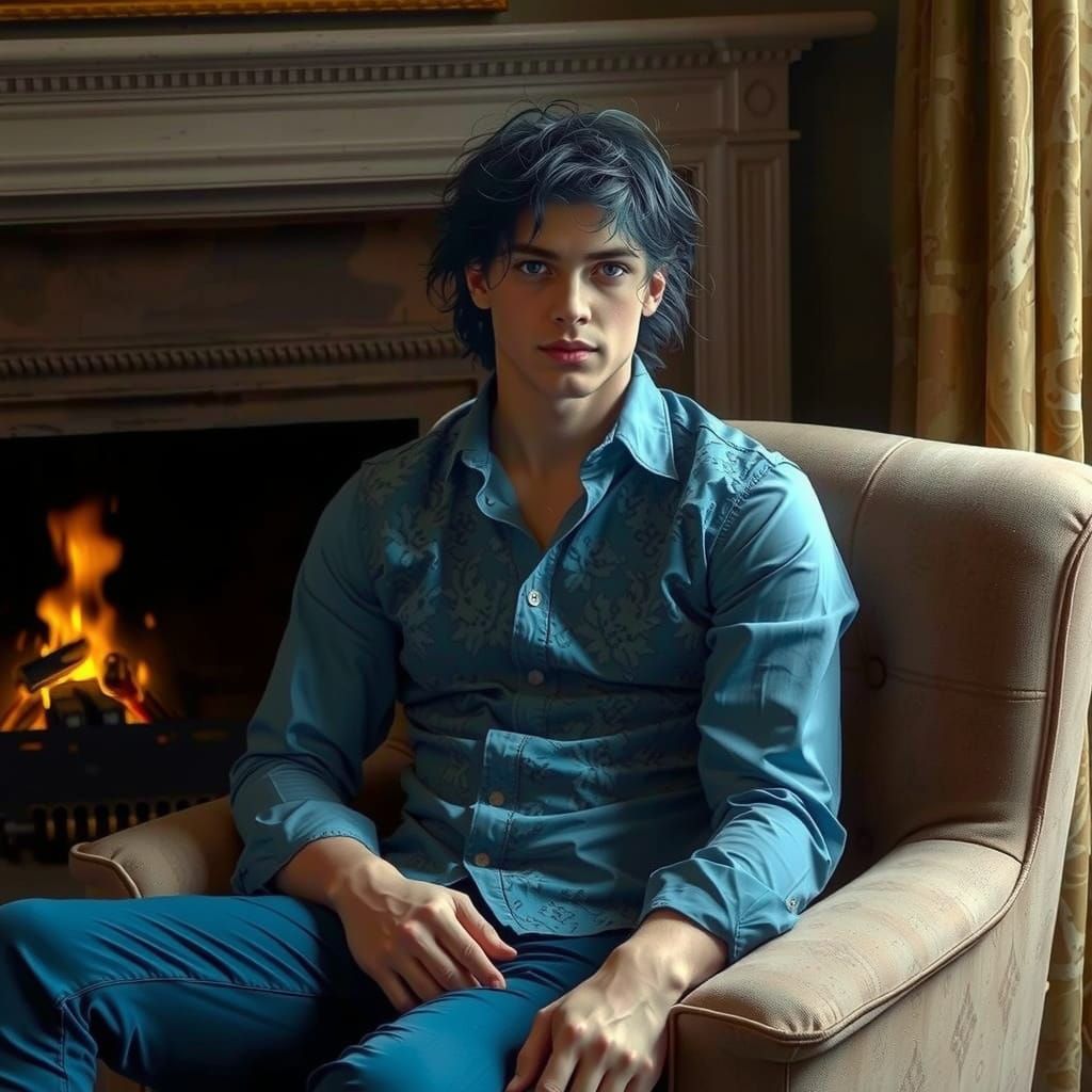 Blue-Haired Man in Baroque Style with Fireplace