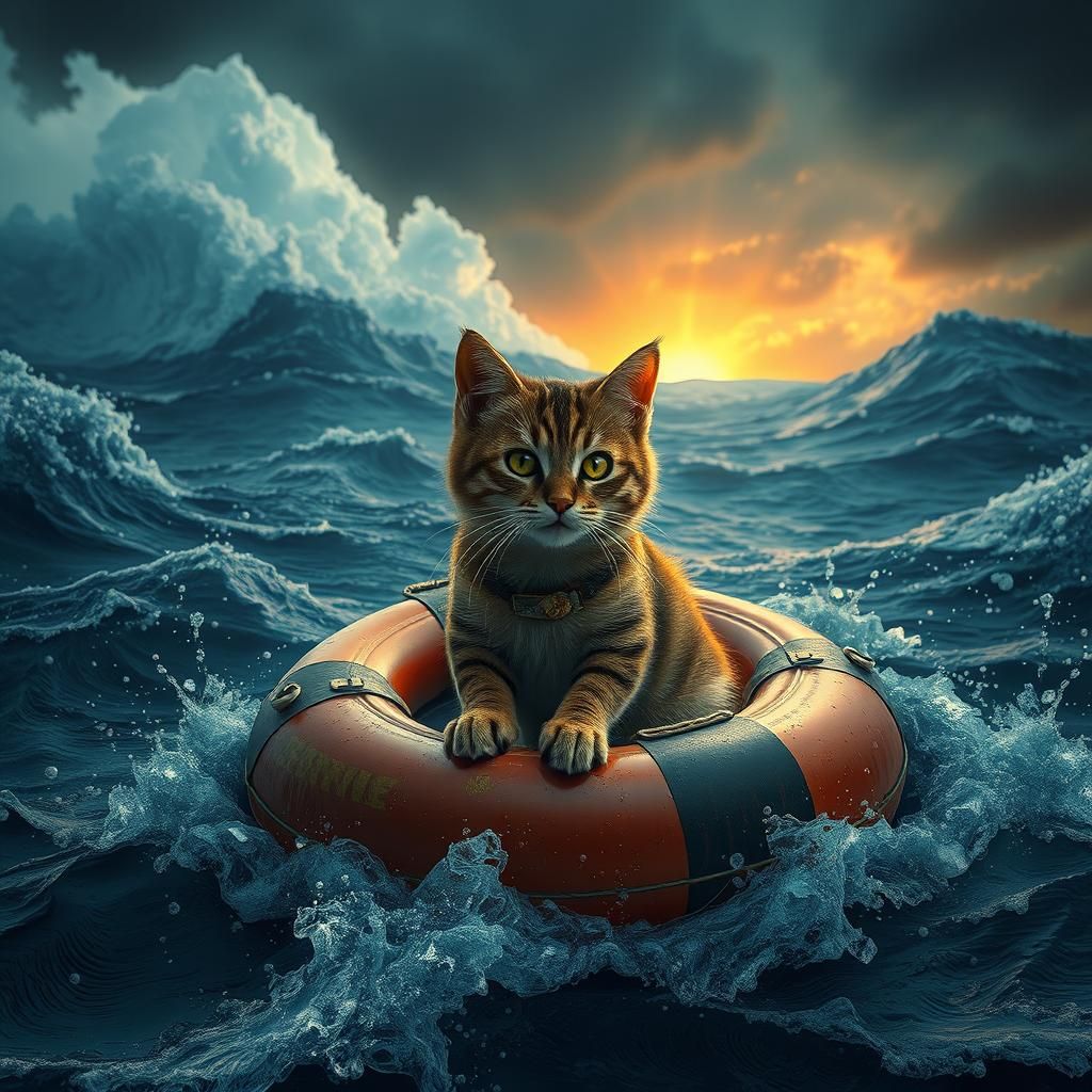 Kitten Adrift During Ocean Storm, Digital Illustration