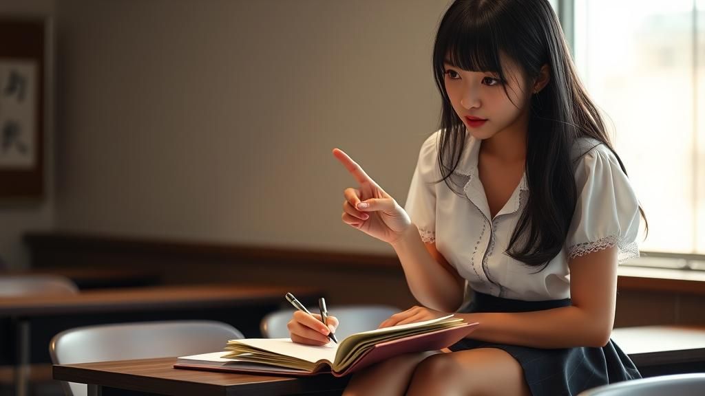 Young, pretty Japanese female teacher with a very short mini...