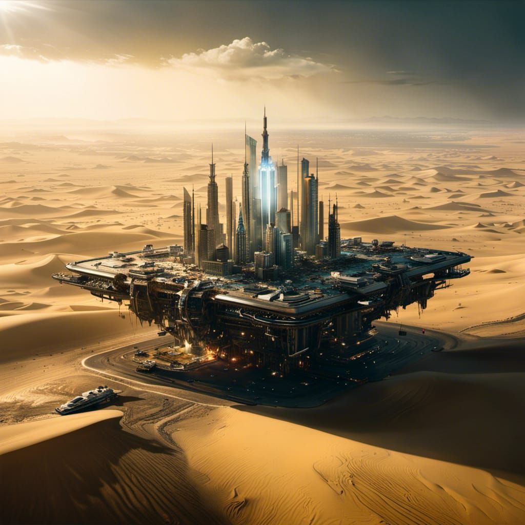 Futuristic Sky Island in Desert Sunset: Cinematic Photograph...