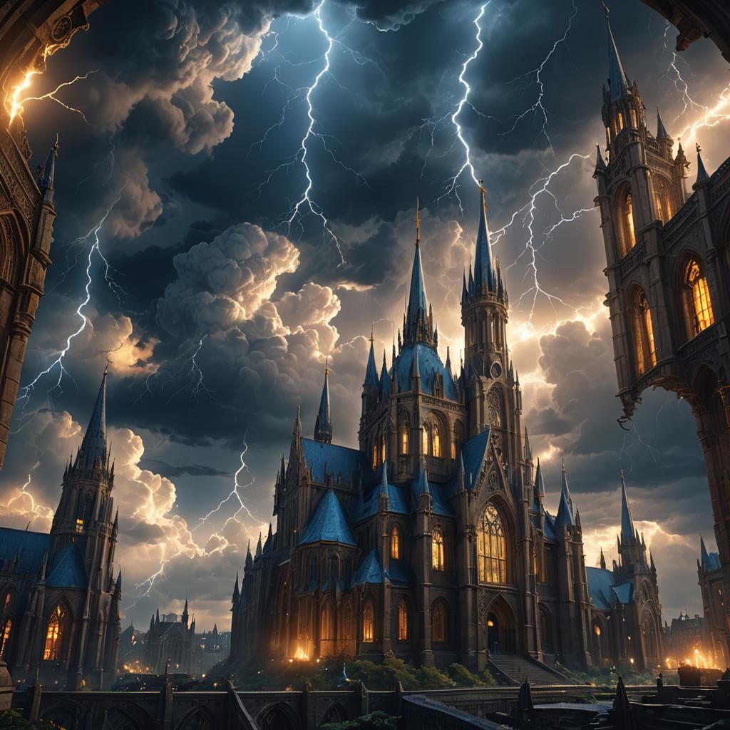 Fantastical Lightning Storm over Gothic Spires