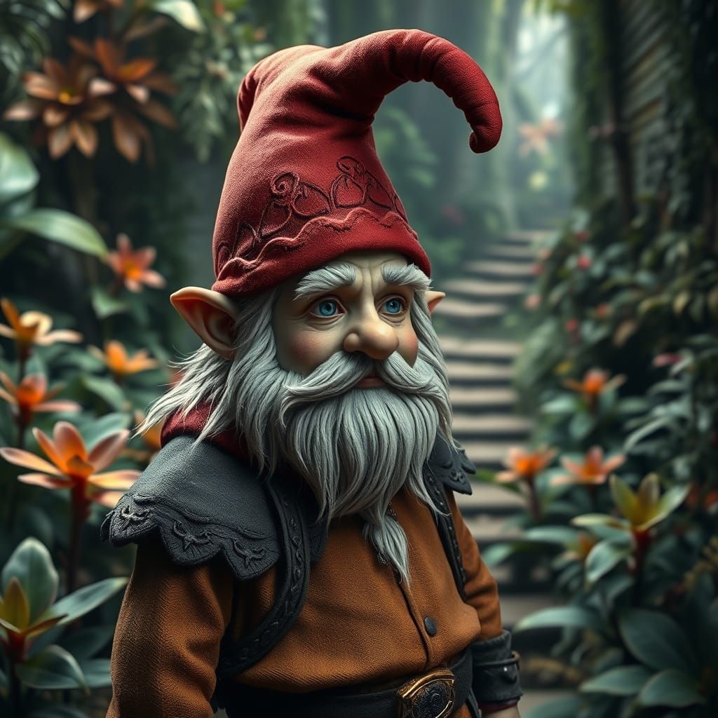 Gnome Portrait in Overgrown Garden, Cinematic Style