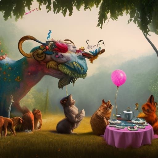 Fantastical Animal Tea Party: Detailed Matte Painting