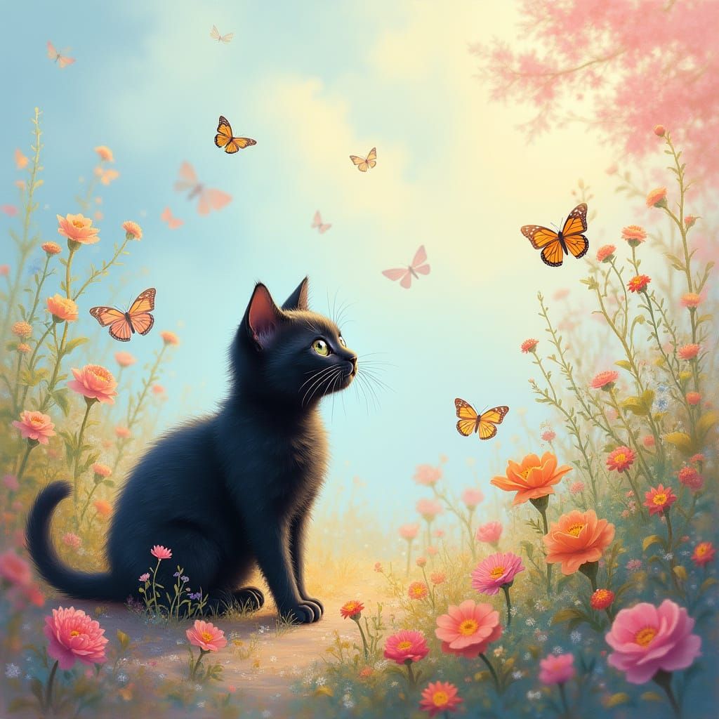 Impressionist Landscape With Cute Black Cat