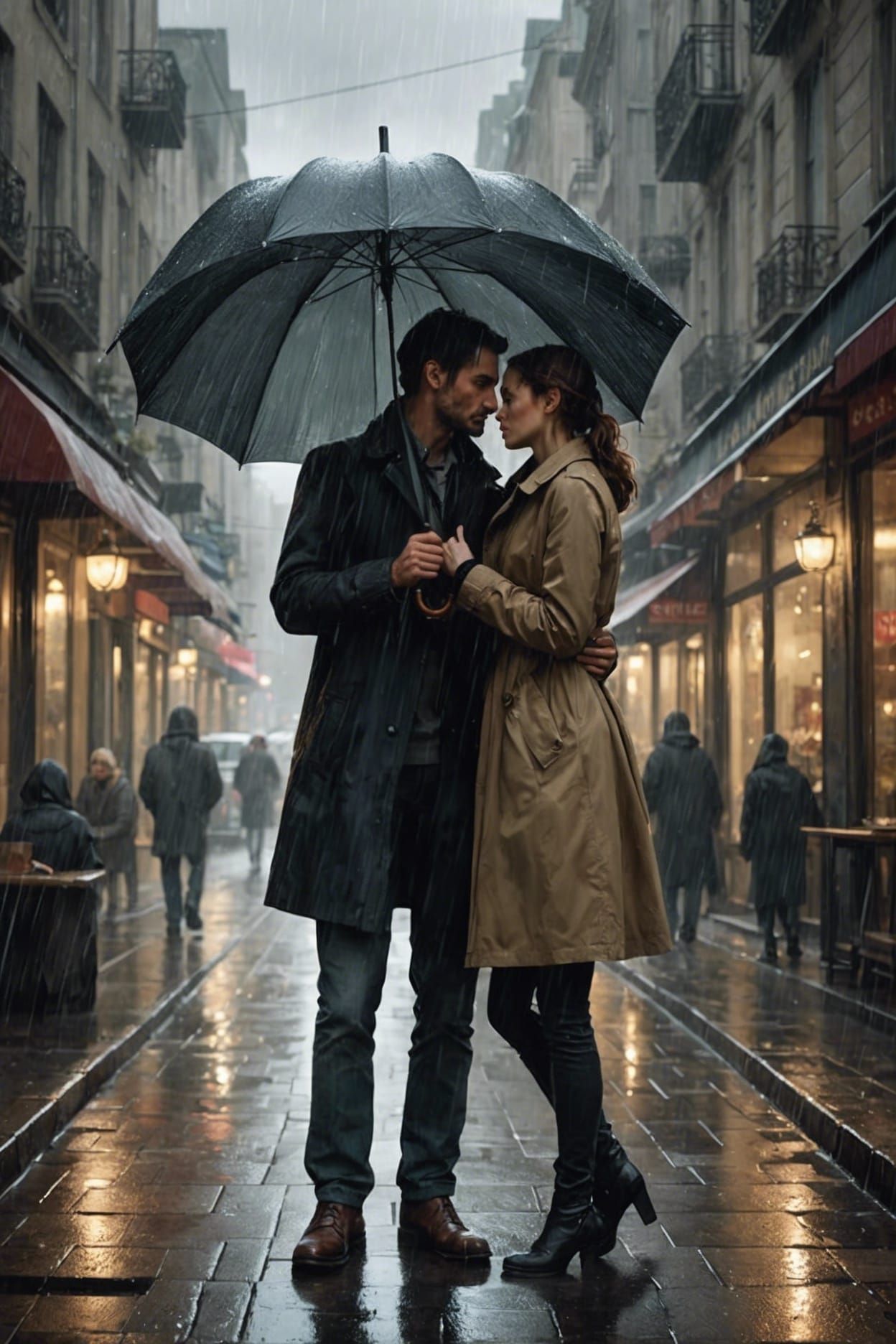 Couple Sharing Umbrella in Rainy Solitude