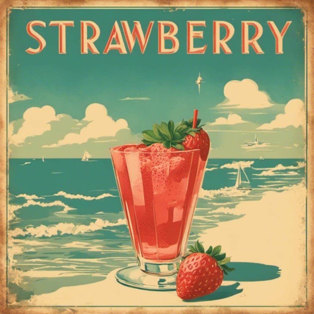 Vintage Strawberry Cocktail Poster with Ocean View