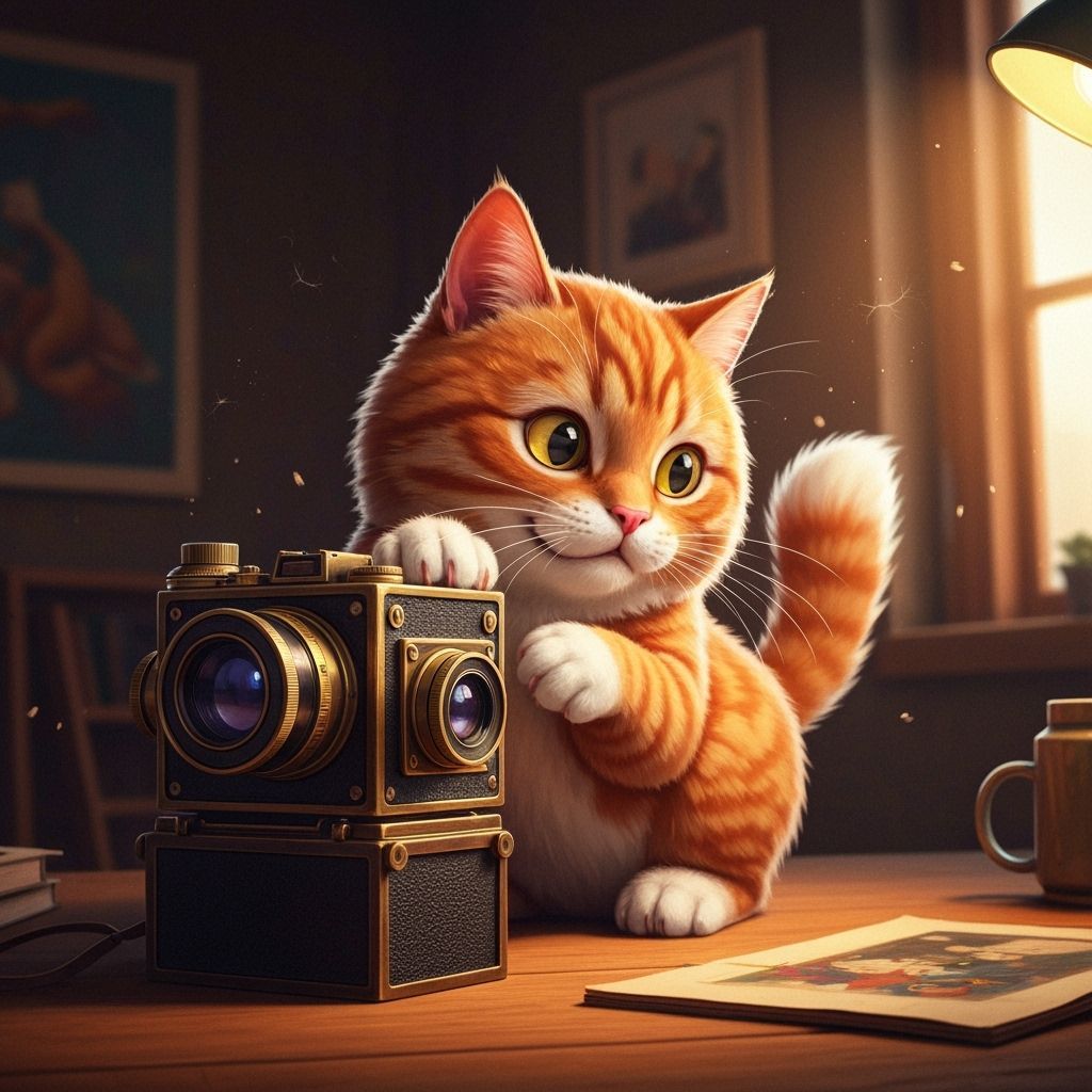 Mischievous Cat Batters Vintage Camera in Art Deco Studio