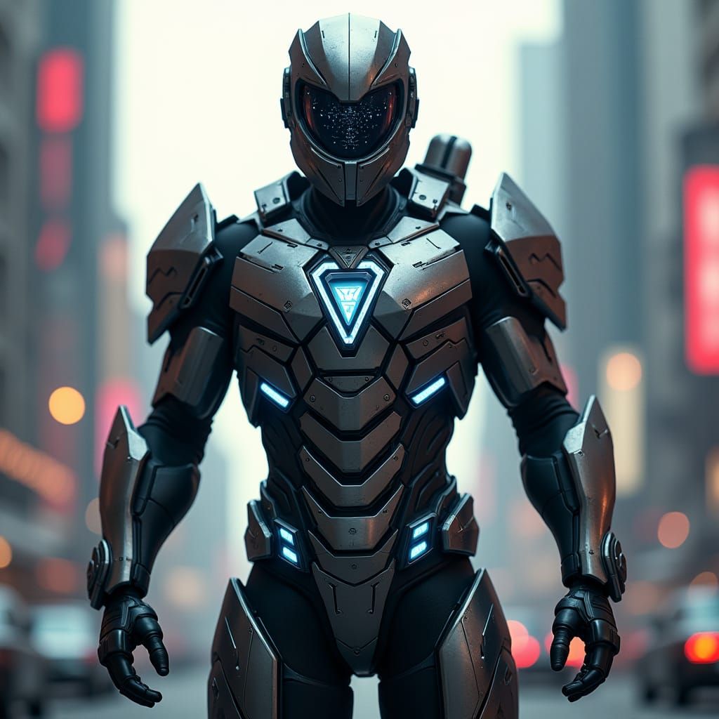 Futuristic Armored Suit Against High-Tech Cityscape