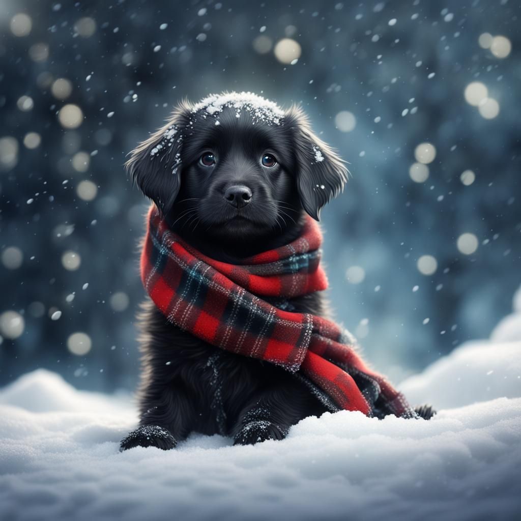 Fluffy Puppy in Snowfall: Detailed Matte Painting