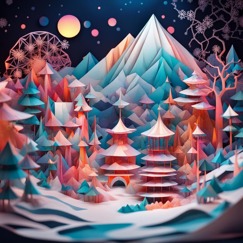 Winter Wonderland Origami Diorama in Ukiyo-e Style